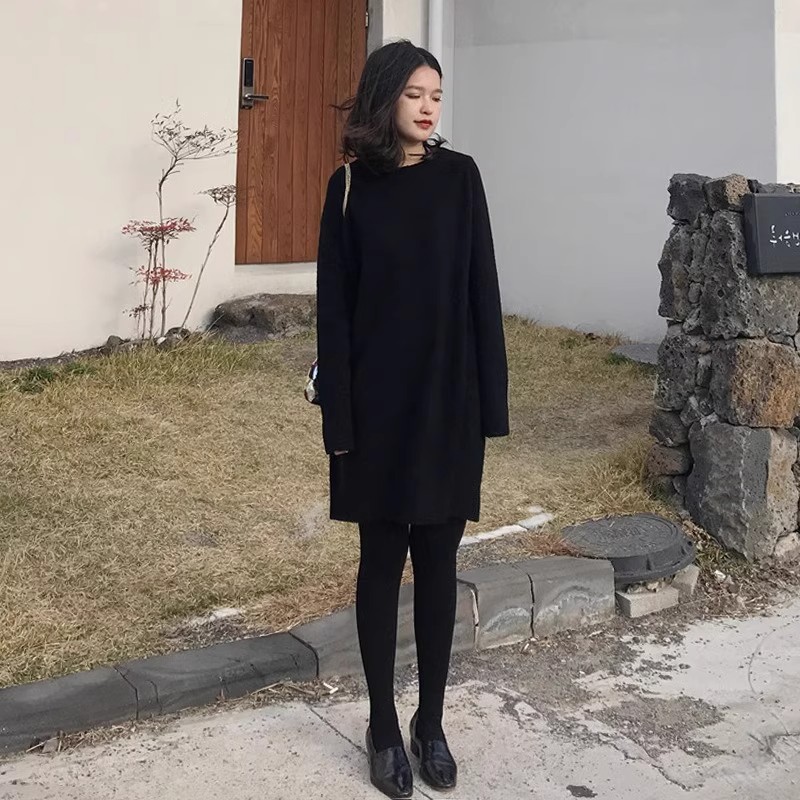 胖mm显瘦连衣裙女大码秋冬款慵懒风黑色针织裙宽松内搭打底毛衣裙