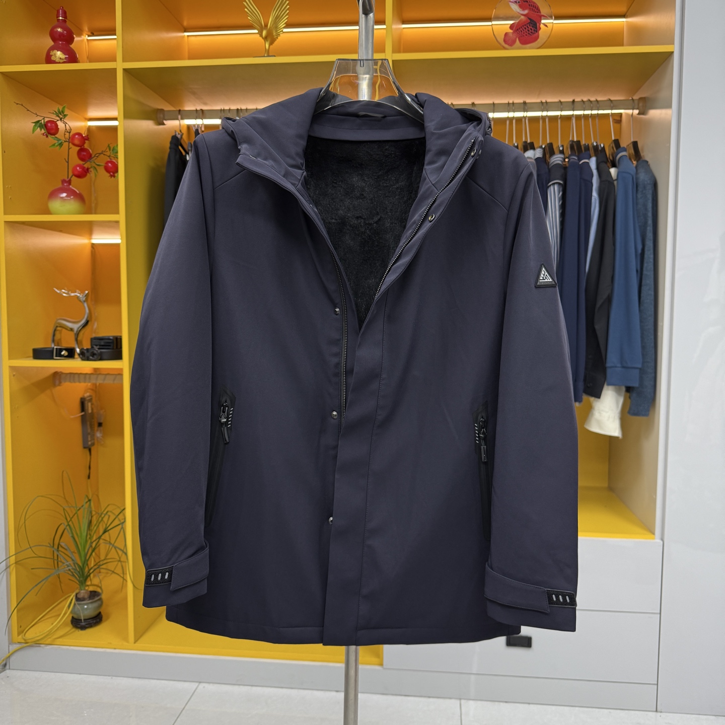 W906商务休闲男连帽派克服夹克獭兔毛皮内胆可拆卸保暖