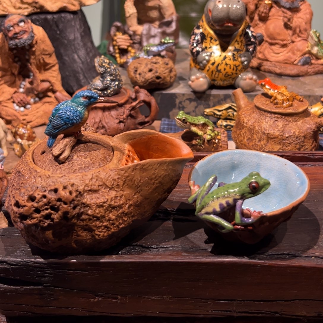 尤***）翠鸟宝瓶青蛙杯一套纯手工