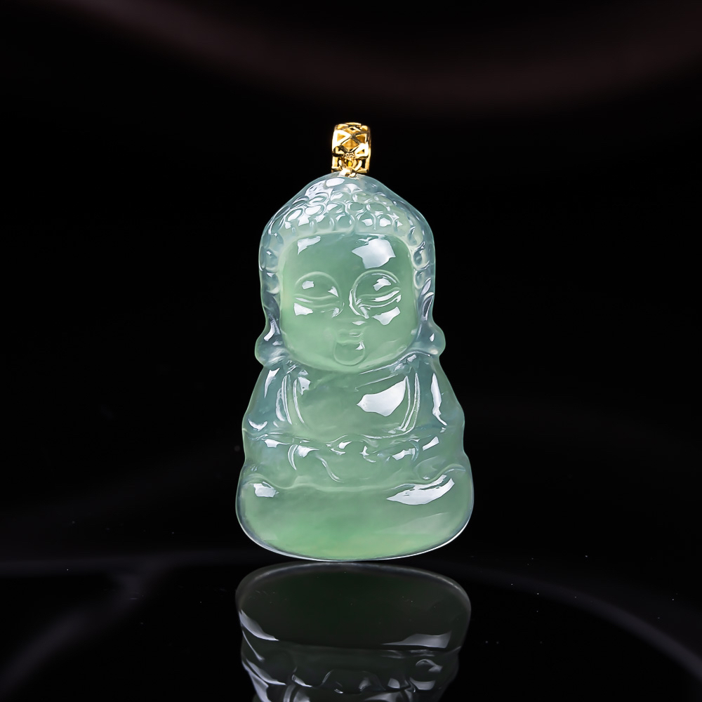天然缅甸翡翠A货18k金冰种满绿宝宝佛 尺寸24.5-15-5.2mm