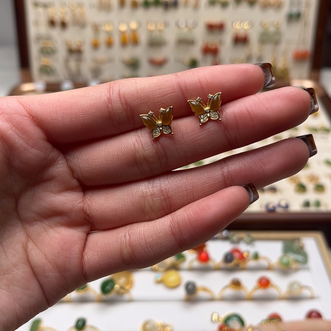 和田玉银S925镀金镶嵌耳坠