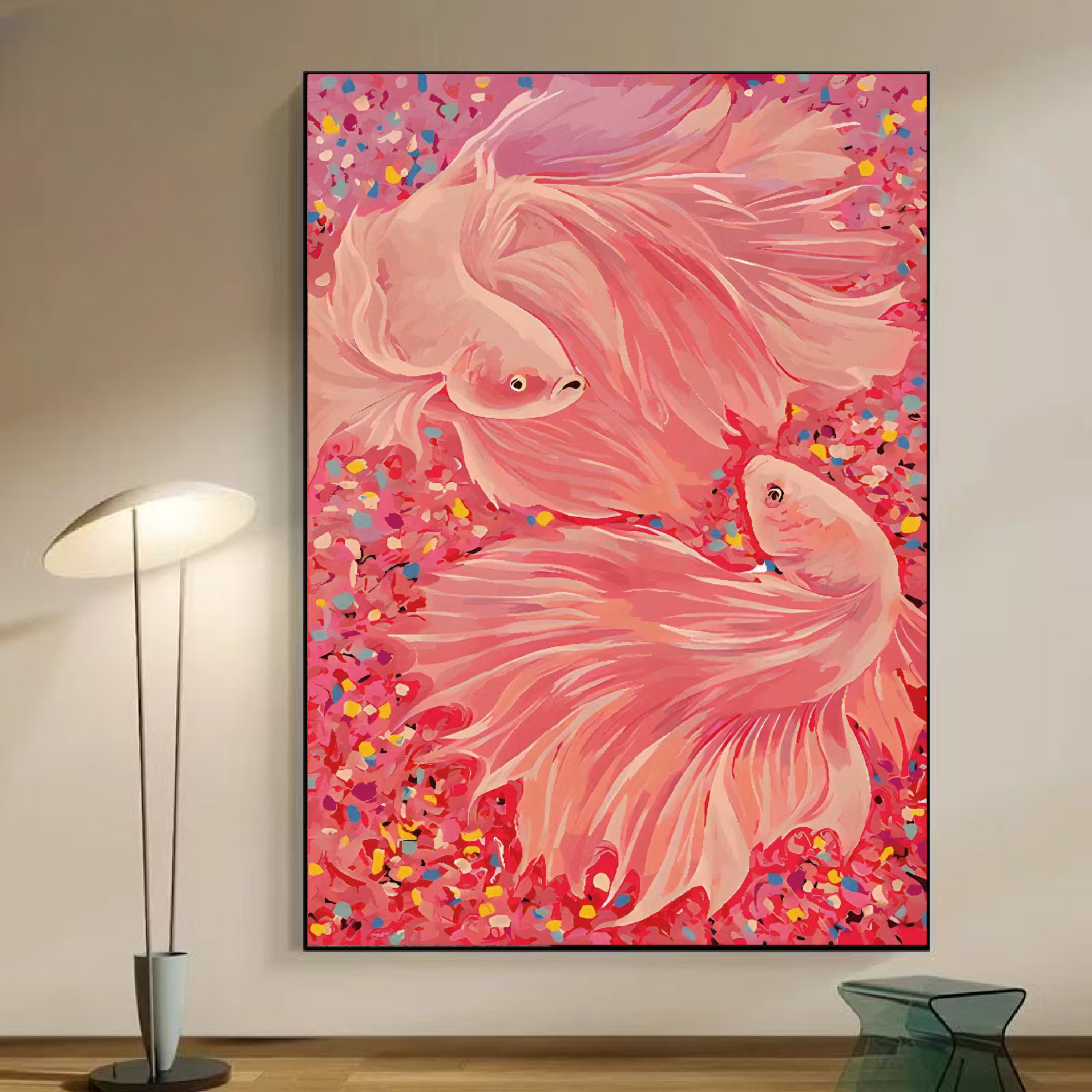 T09粉色锦鲤装饰画客厅沙发餐厅书房卧室大气挂画寓意好