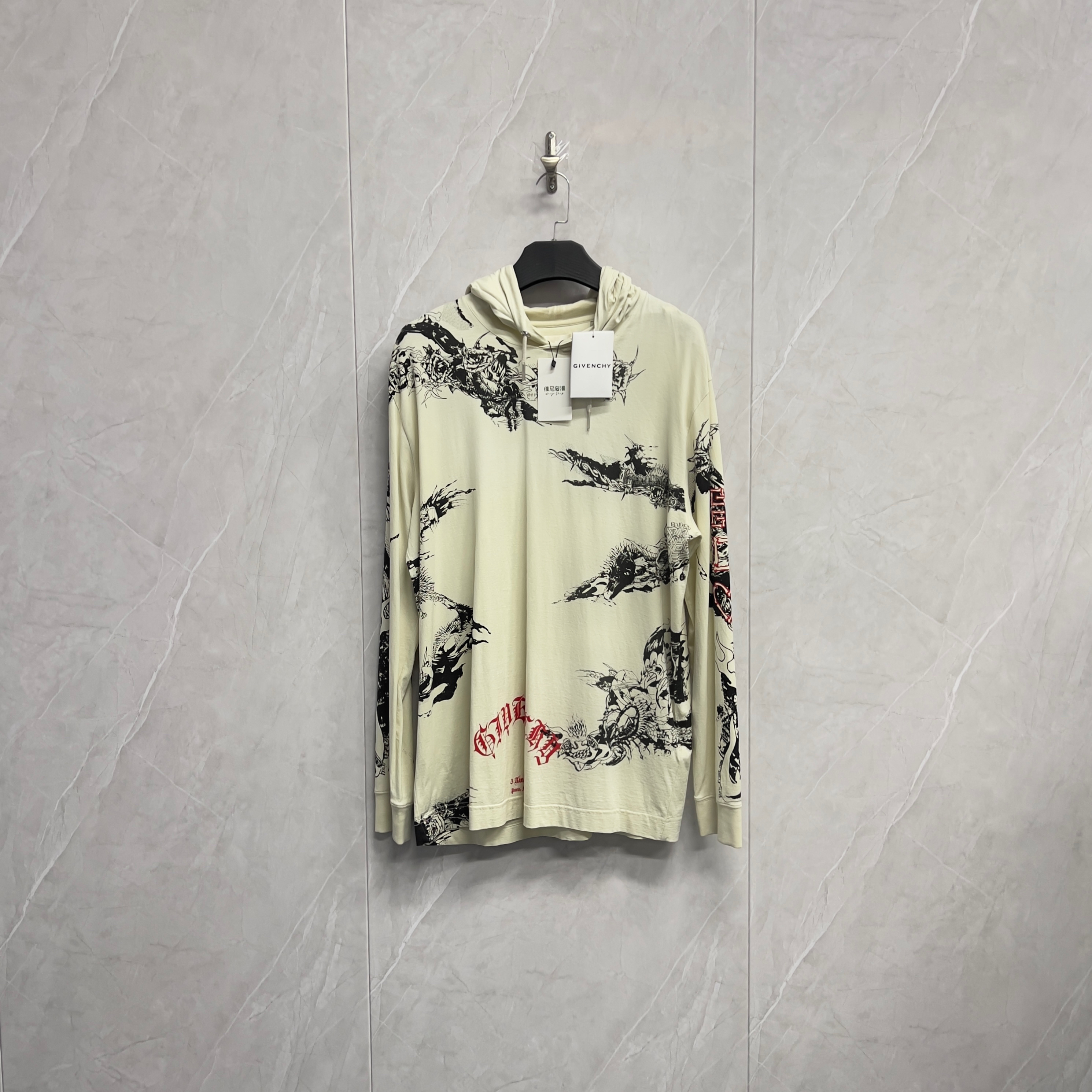 全新未使用 Givenchy/纪梵希 新款梵文多元素Logo连帽长袖/M宽松