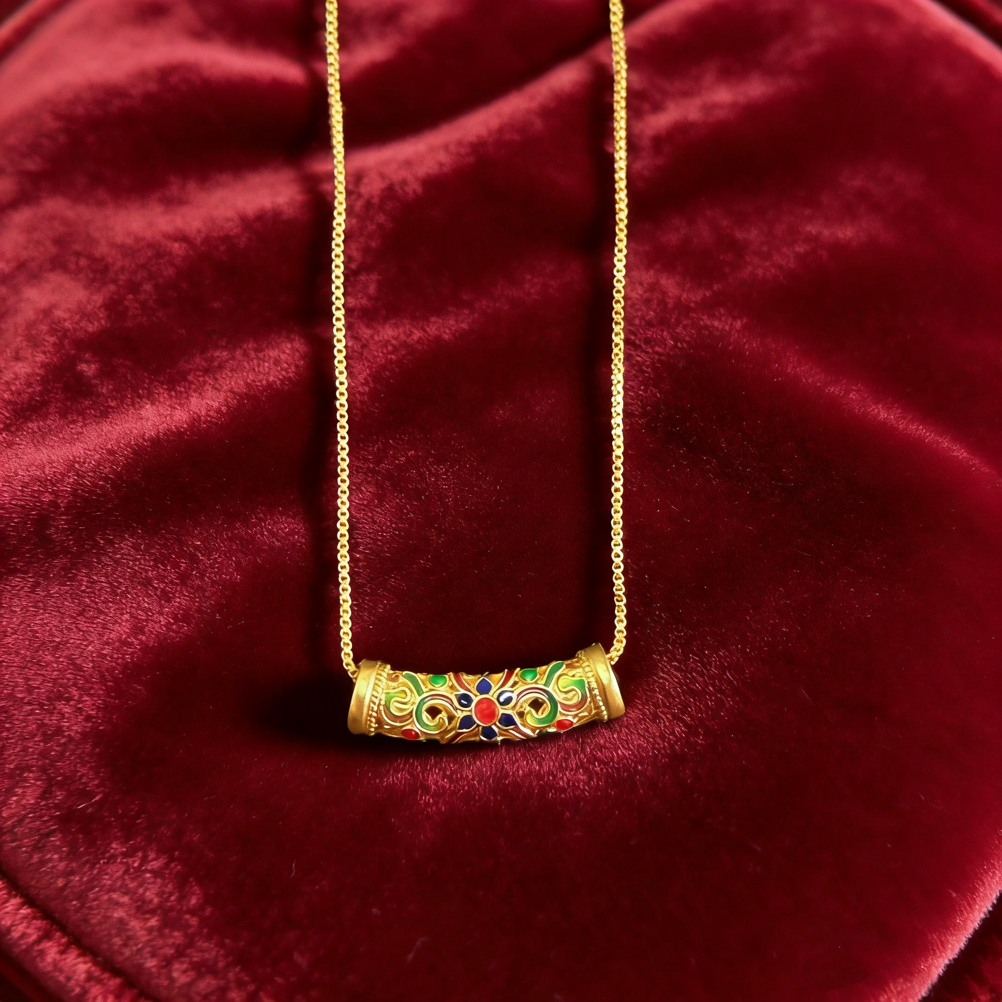 铜合金项链 古法弯管花丝吊坠项链女款国潮国风彩色坠链锁骨链