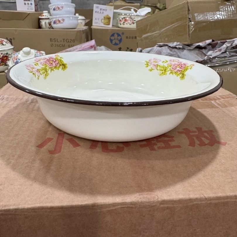 22厘米加厚粉花搪瓷深菜盆1个