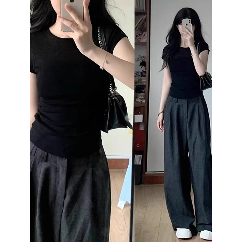 正肩短袖t恤女2025新款夏季黑色短款内搭美式紧修身显瘦掐腰上衣