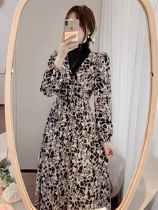 L 5006秋款气质轻奢时尚优雅假两件洋气收腰款连衣裙