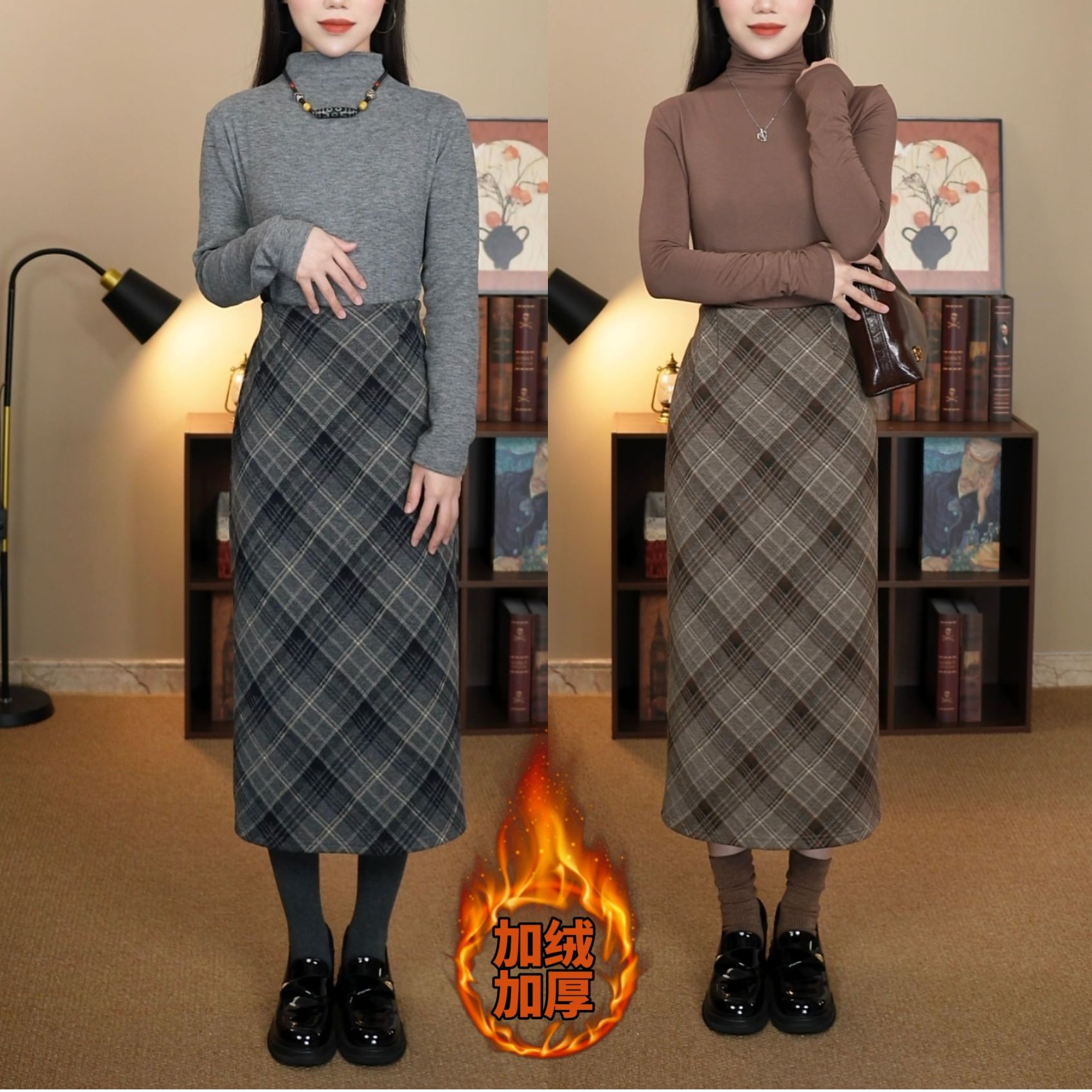 秋冬季加厚小个子中长款半身裙女显瘦气质时尚格子裙格纹