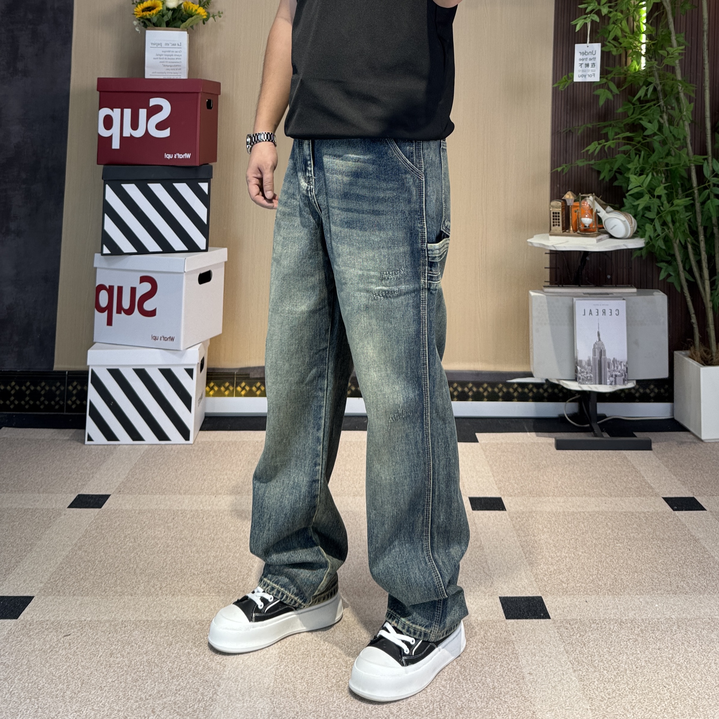 【宽松直筒】秋冬美式复古水洗牛仔裤新款直筒阔腿工装裤男潮牌长裤