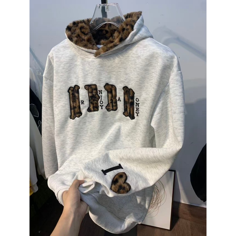 新款复古重工刺绣青年毛绒连帽卫衣男女秋冬加绒国潮高街宽松上衣