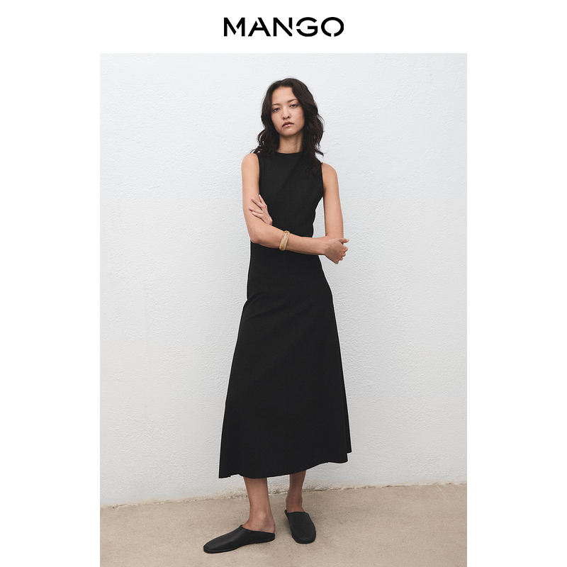 MANGO女装连衣裙2025秋装新款气质通勤圆领无袖修身A字连衣裙