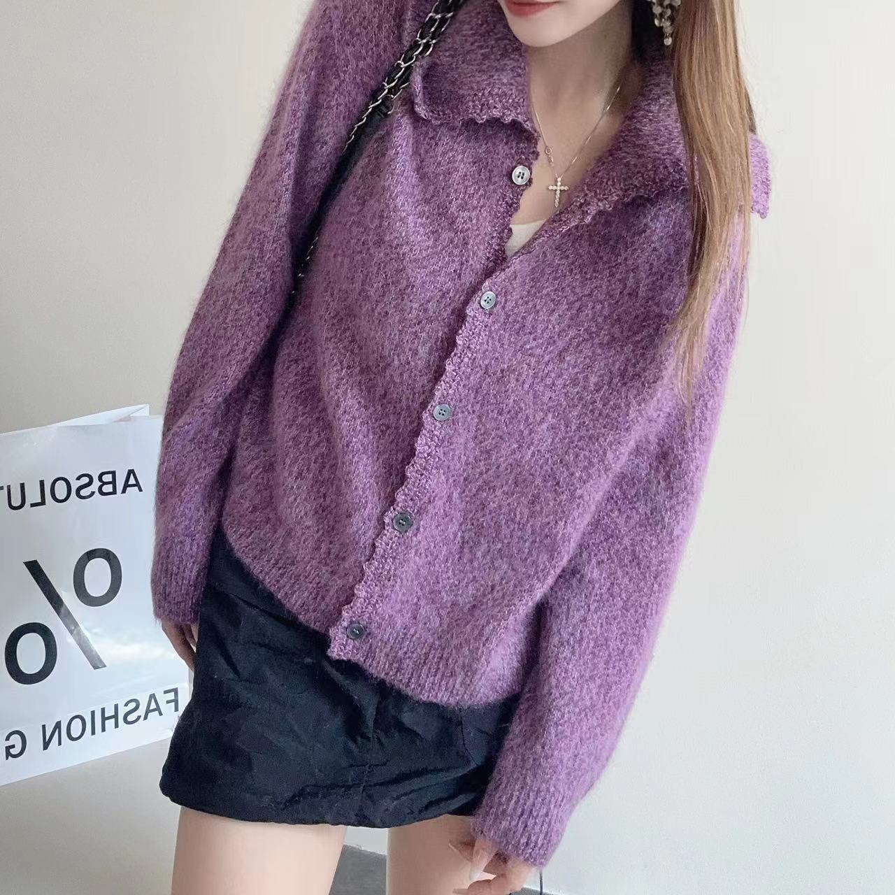 【100羊绒】拉绒工艺240325-100羊绒时尚复古娃娃领针织羊绒外套