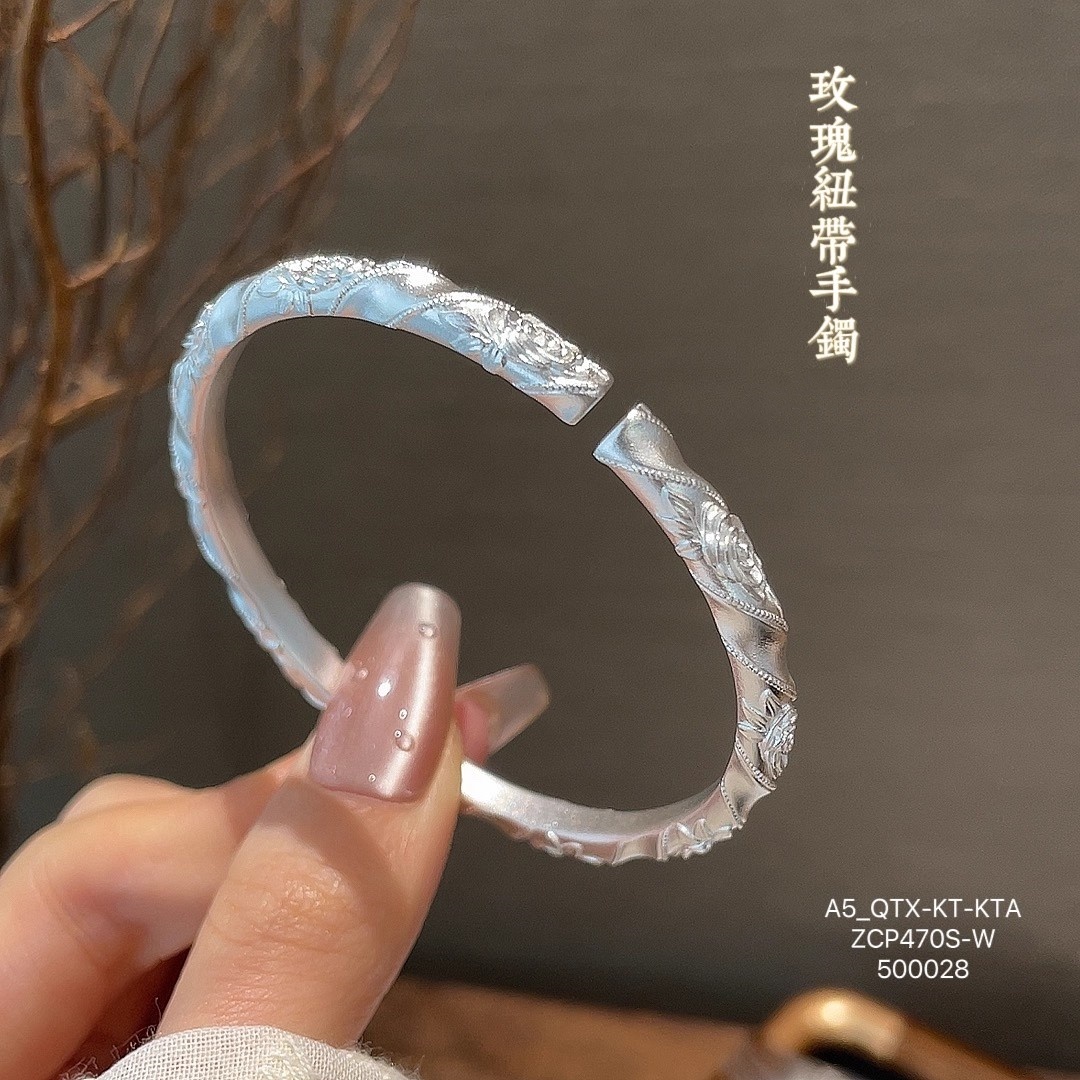 足银999纽带玫瑰花手镯纯银拉丝开口古法小众设计送女友