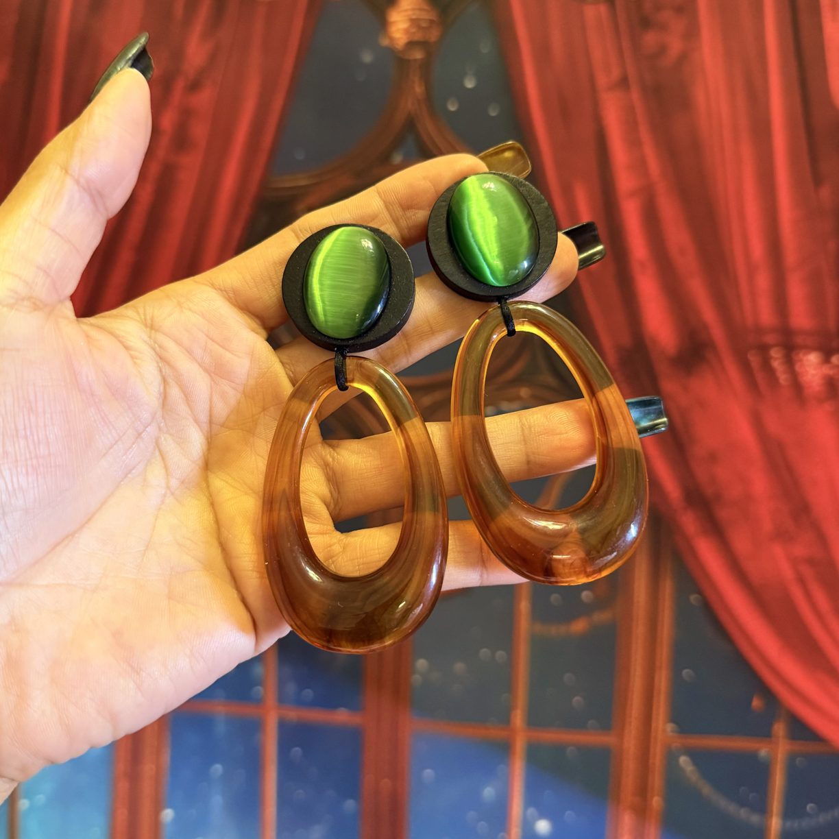 铜合金树脂耳饰 「猫眼琥」原创时髦几何气质耳环手工长款百搭耳饰