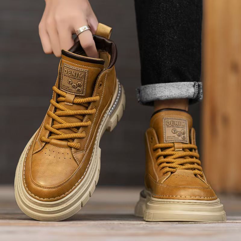 马丁靴男高帮秋季英伦风复古真皮男士休闲皮鞋中帮增高防水工装靴