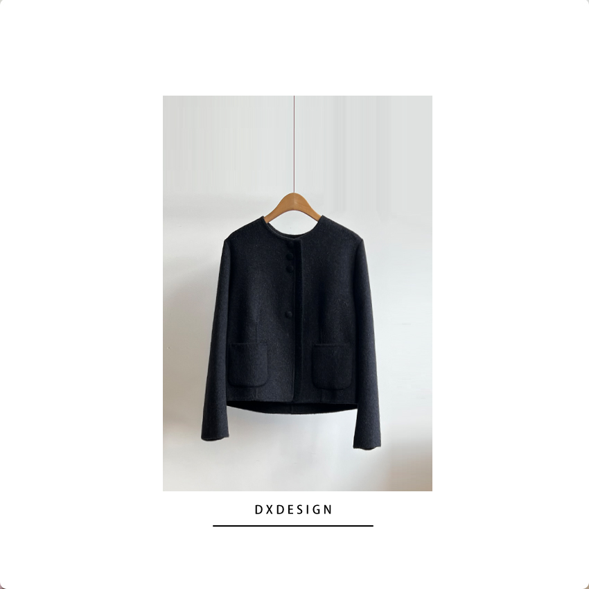 轻奢新品 高级复古撞色手工圆领毛呢大衣女 设计感呢子小香短外套