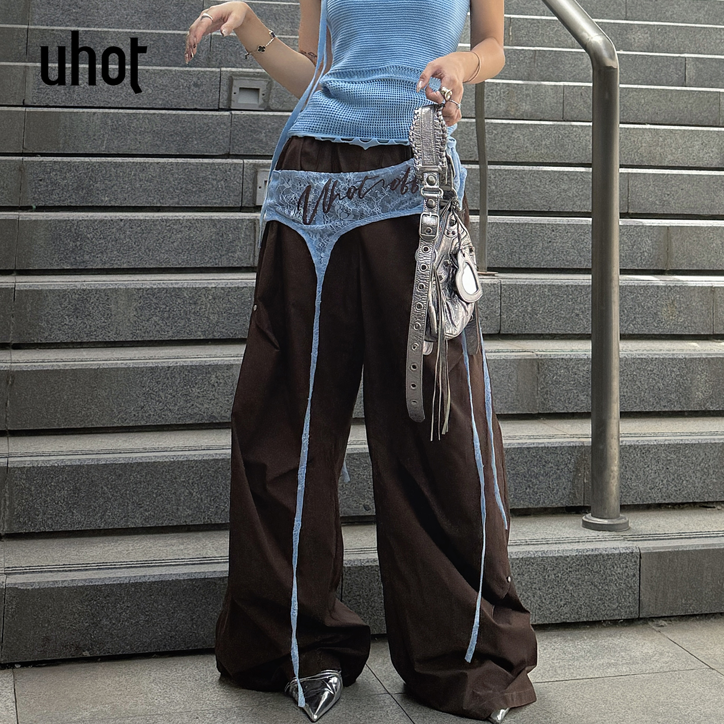 UHOT 咖色工装撞色字母蕾丝装饰长裤女士休闲高级百搭 UWWR2K628M