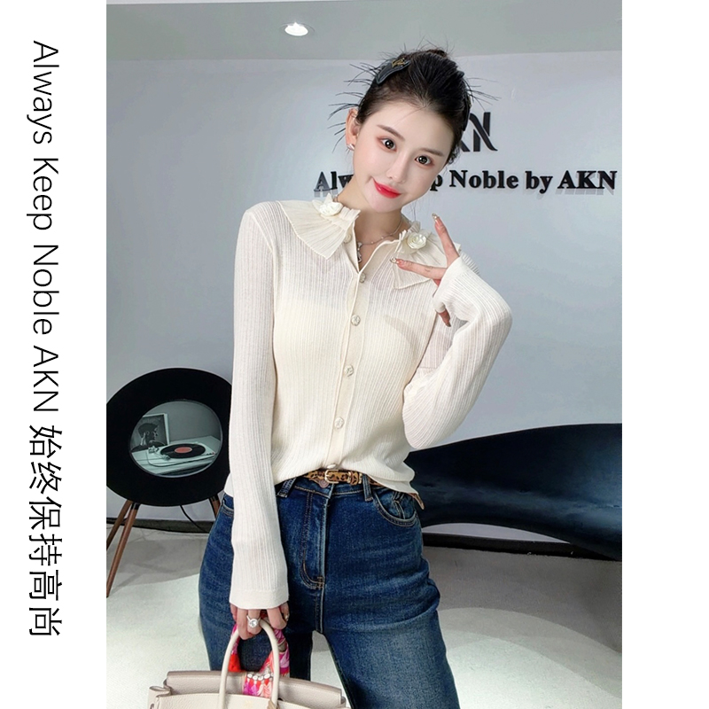 艾珂妮3008【荷叶领针织衫】甜美风荷叶领花朵小众设计感长袖针织衫