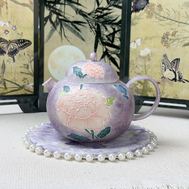 新中式手绘牡丹茶壶家用陶瓷功夫茶具球孔过滤泡茶壶紫色壶创意