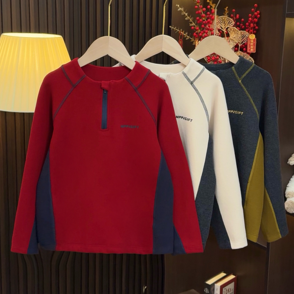 儿童拼接自发热半拉链打底衫冬季新款中大童保暖德绒T恤25156