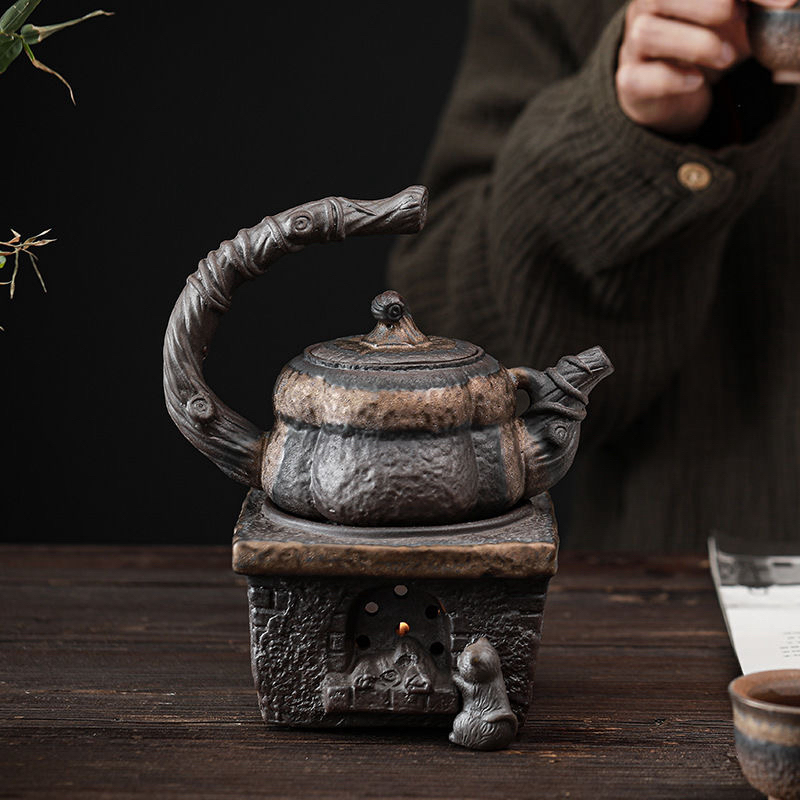 鎏金南瓜提梁壶 复古手工粗陶茶壶单壶陶瓷功夫泡茶器 蜡烛温茶壶