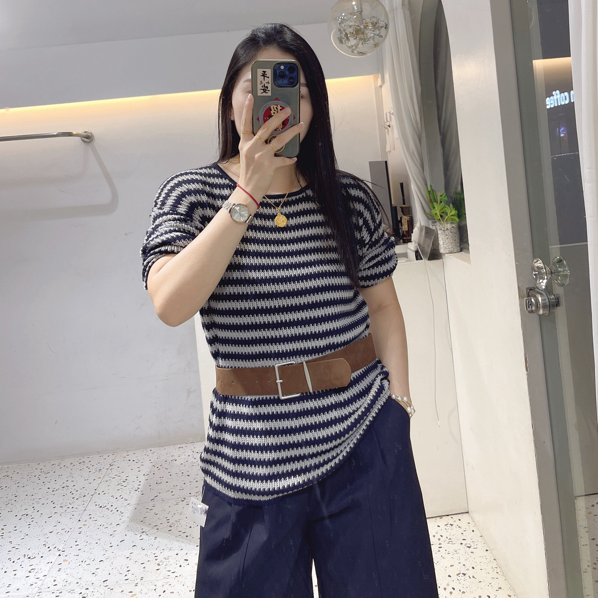 两件套慵懒风针织条纹气质➕腰带993187