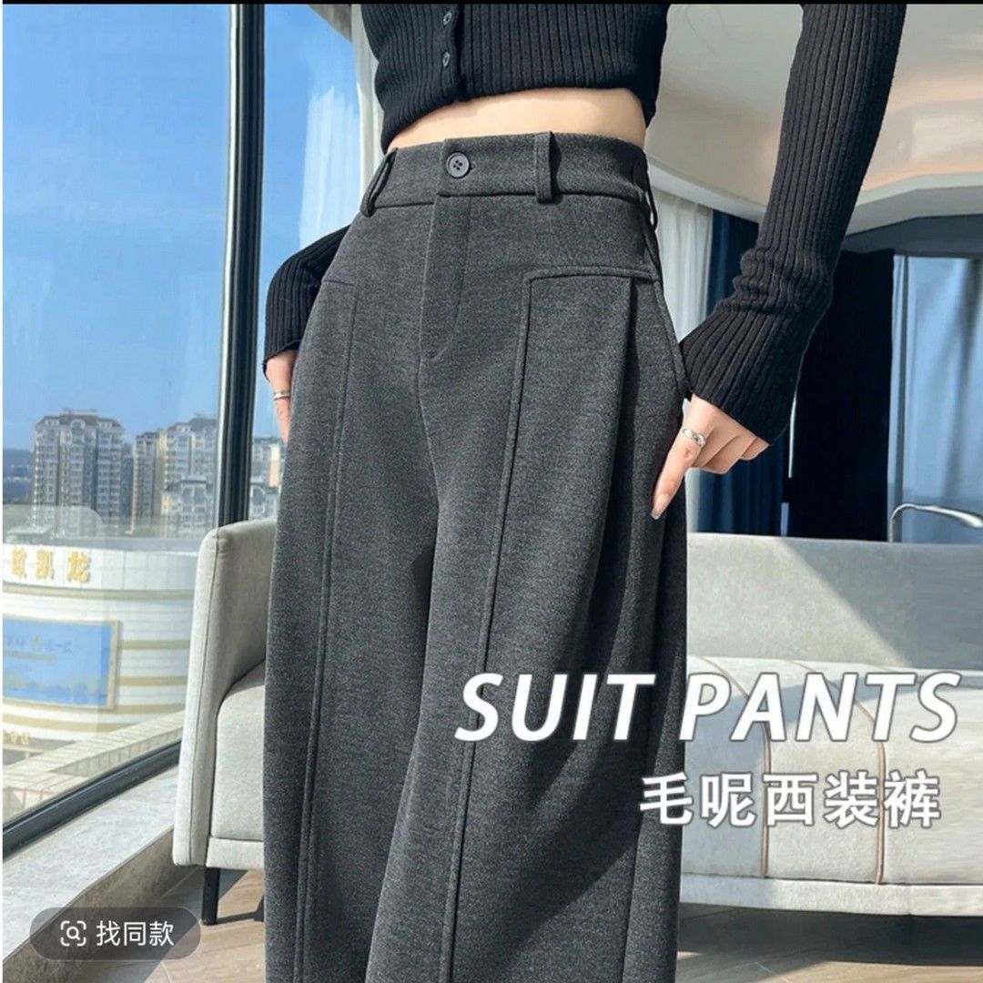 加绒毛呢阔腿裤女款2026新秋冬季弯刀裤休闲加厚灰色西装裤子