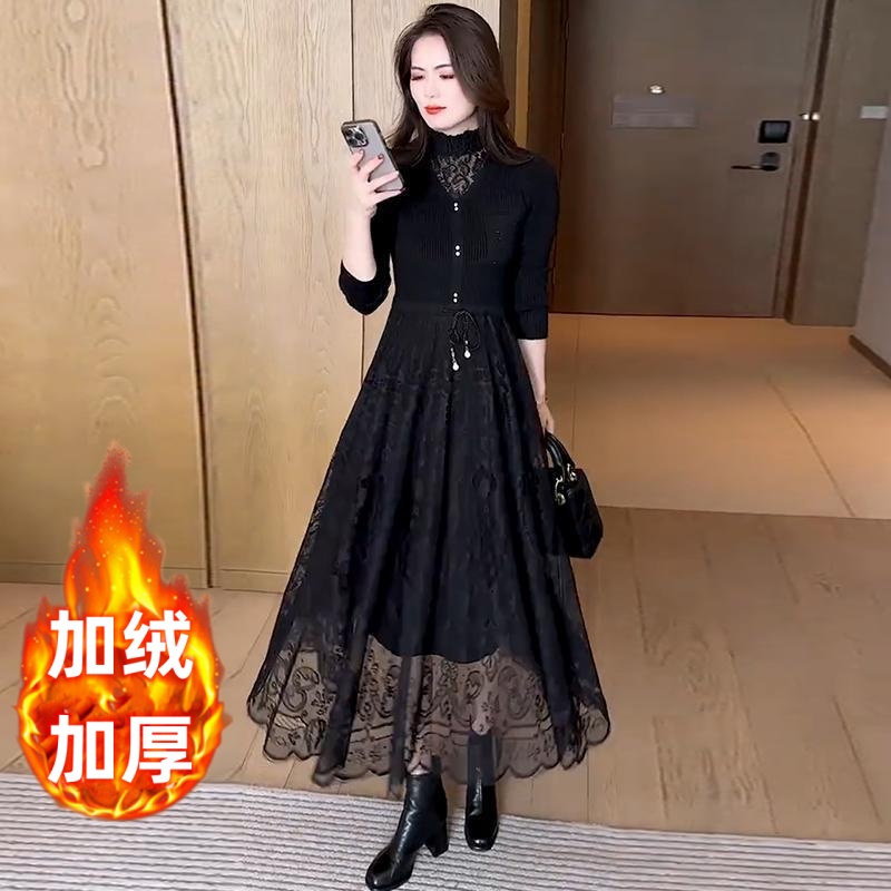 加绒加厚秋冬新款针织连衣裙蕾丝收腰显瘦内搭配大衣打底裙中长款
