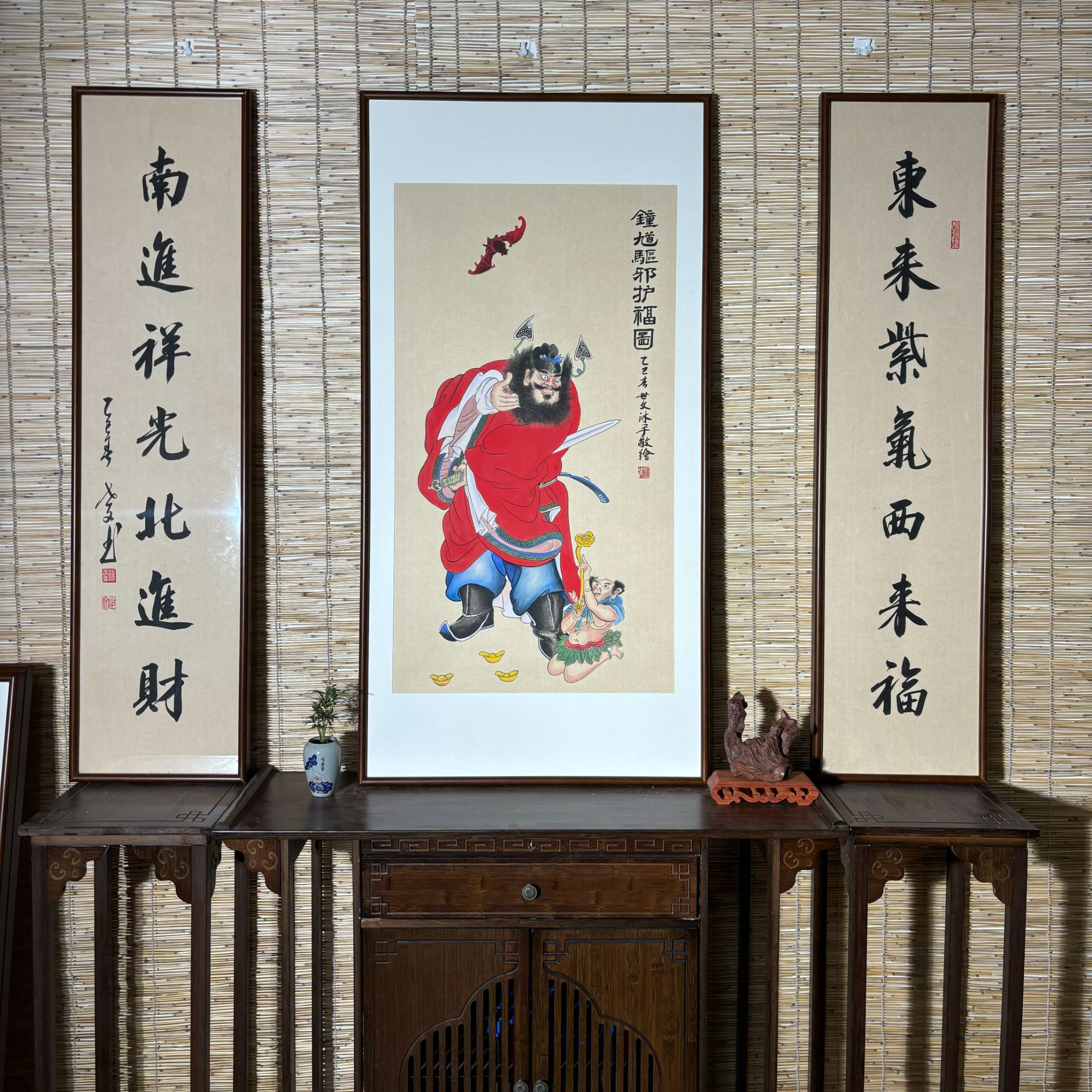 钟馗护福图手绘画带框装裱122*62茶室玄关办公室客厅装饰挂画
