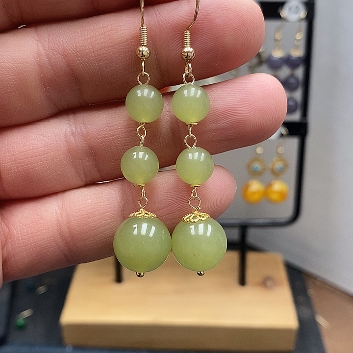 和田玉银S925镀金镶嵌耳饰尺寸12mm