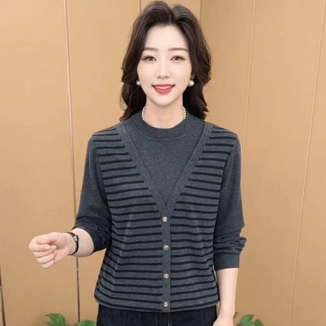 035#圆领拼接条纹假两件上衣女2025秋季款洋气妈妈装休闲百搭长袖