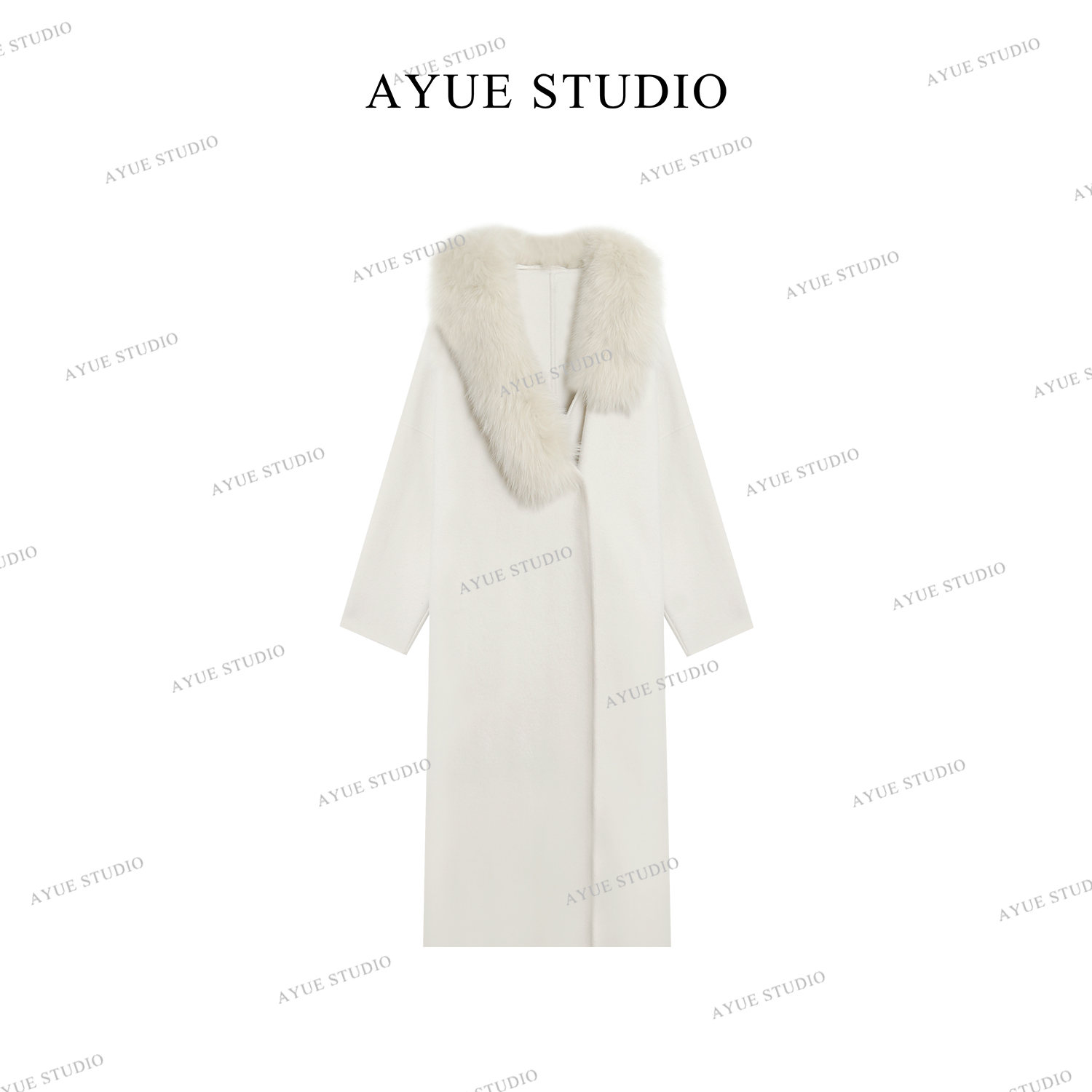 AYUE「觅雪」100%绵羊毛大衣领口100%狐狸毛2159