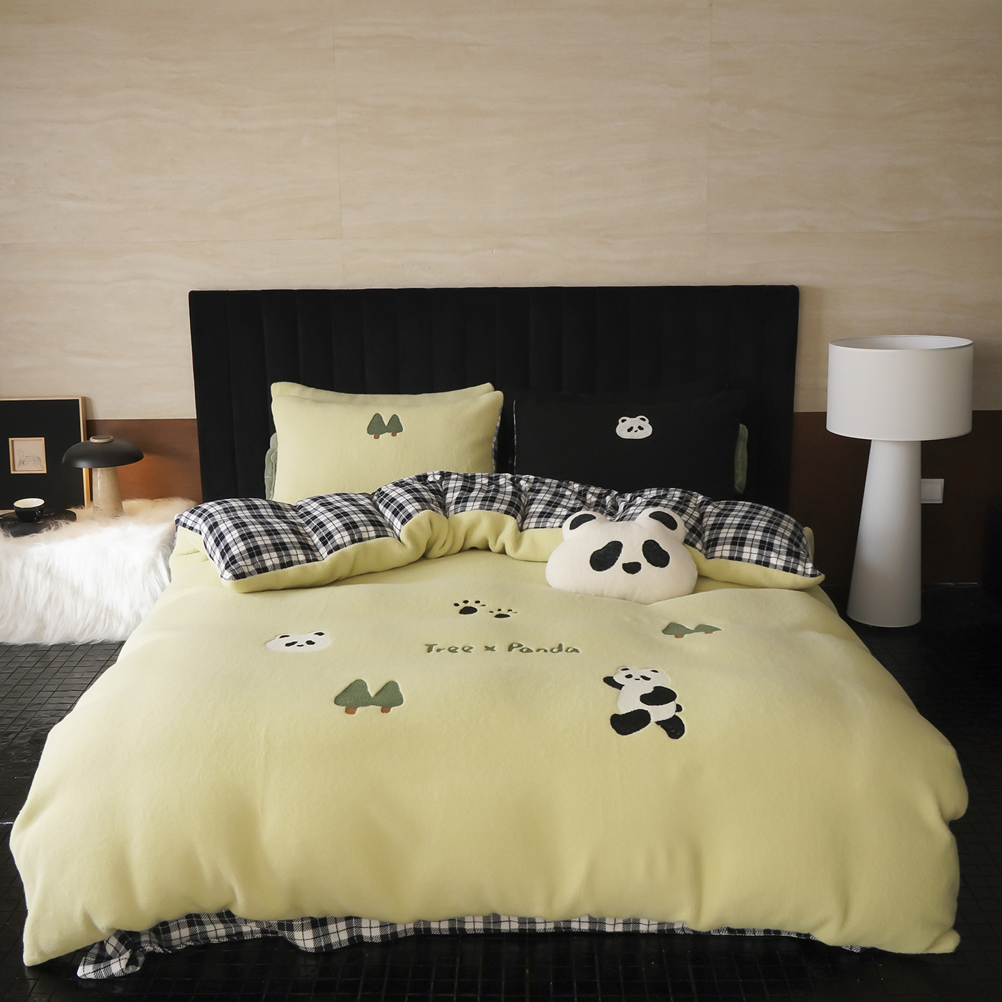 ins熊猫卡通刺绣高定小众仿生羊绒秋冬加厚保暖卡通系列四件套