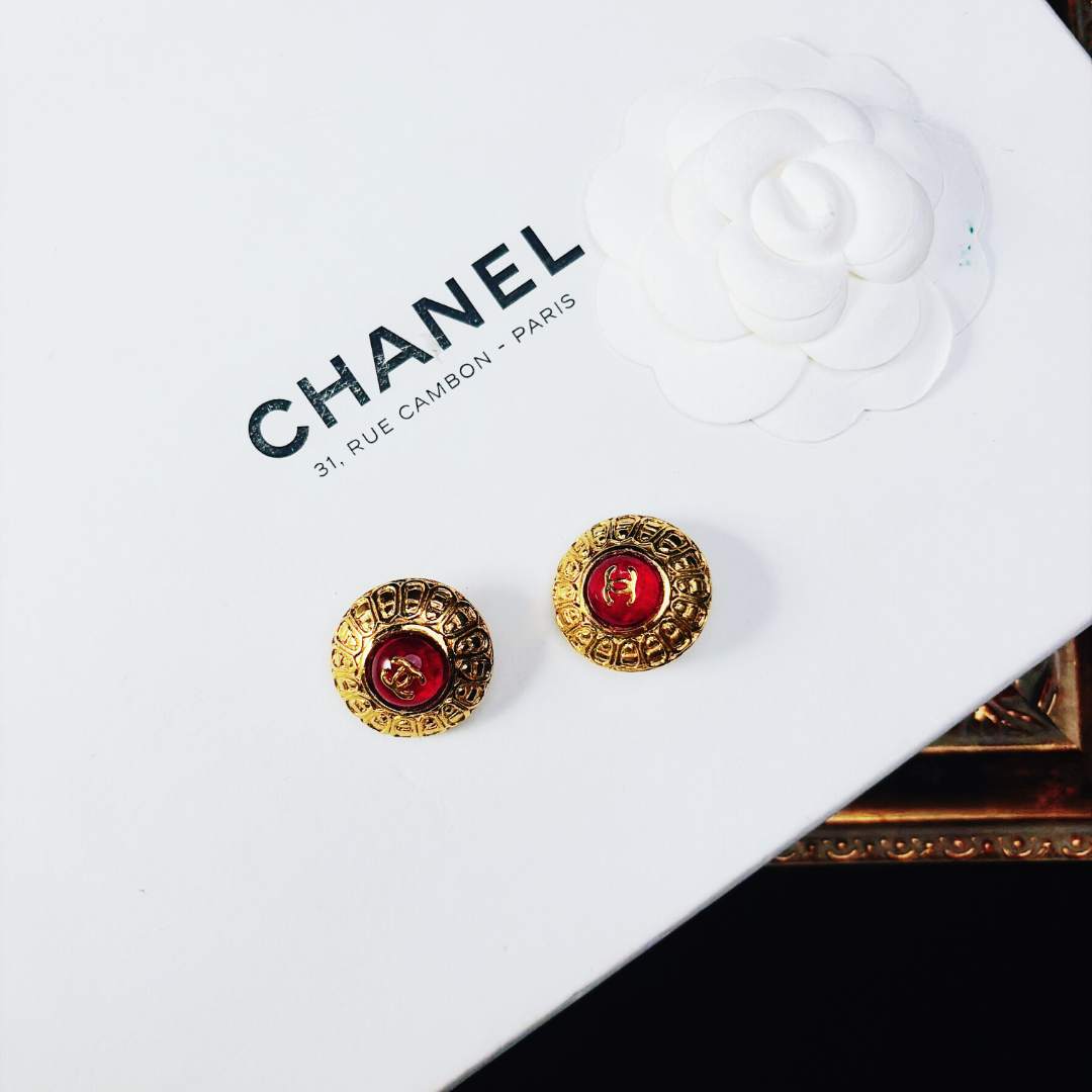 95新 Chanel/香奈儿 柚礼中古/香奈儿红琉璃双c圆盘耳夹lh511029