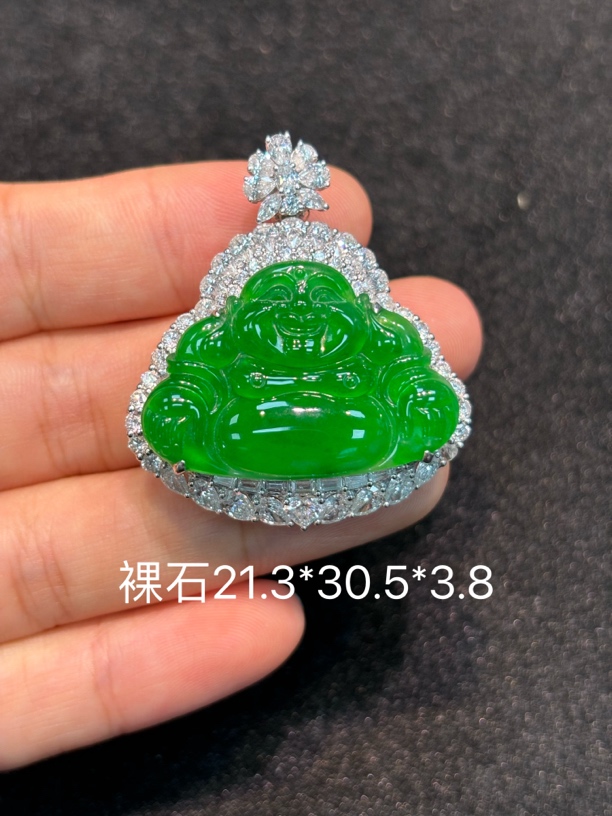 天然缅甸翡翠A货18k金镶嵌满绿正阳绿佛公吊坠