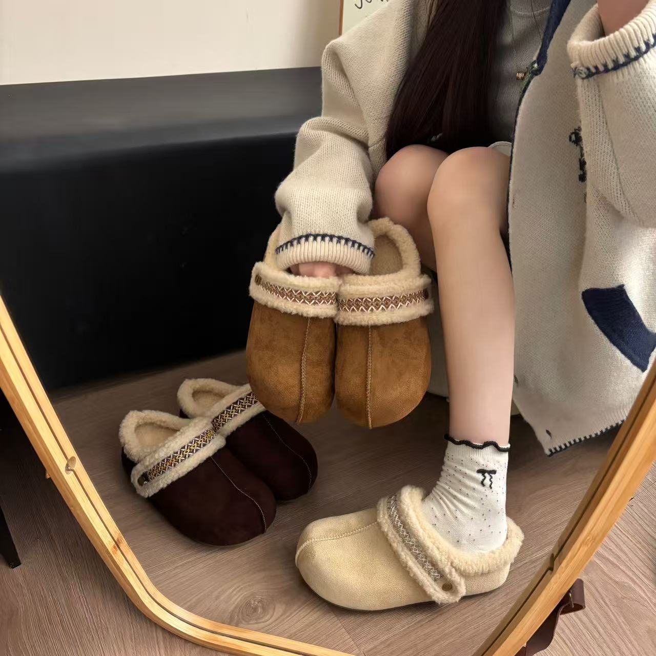 厚底韩版百搭刺绣经典休闲加绒2025女内增高冬季新款勃肯鞋包头拖