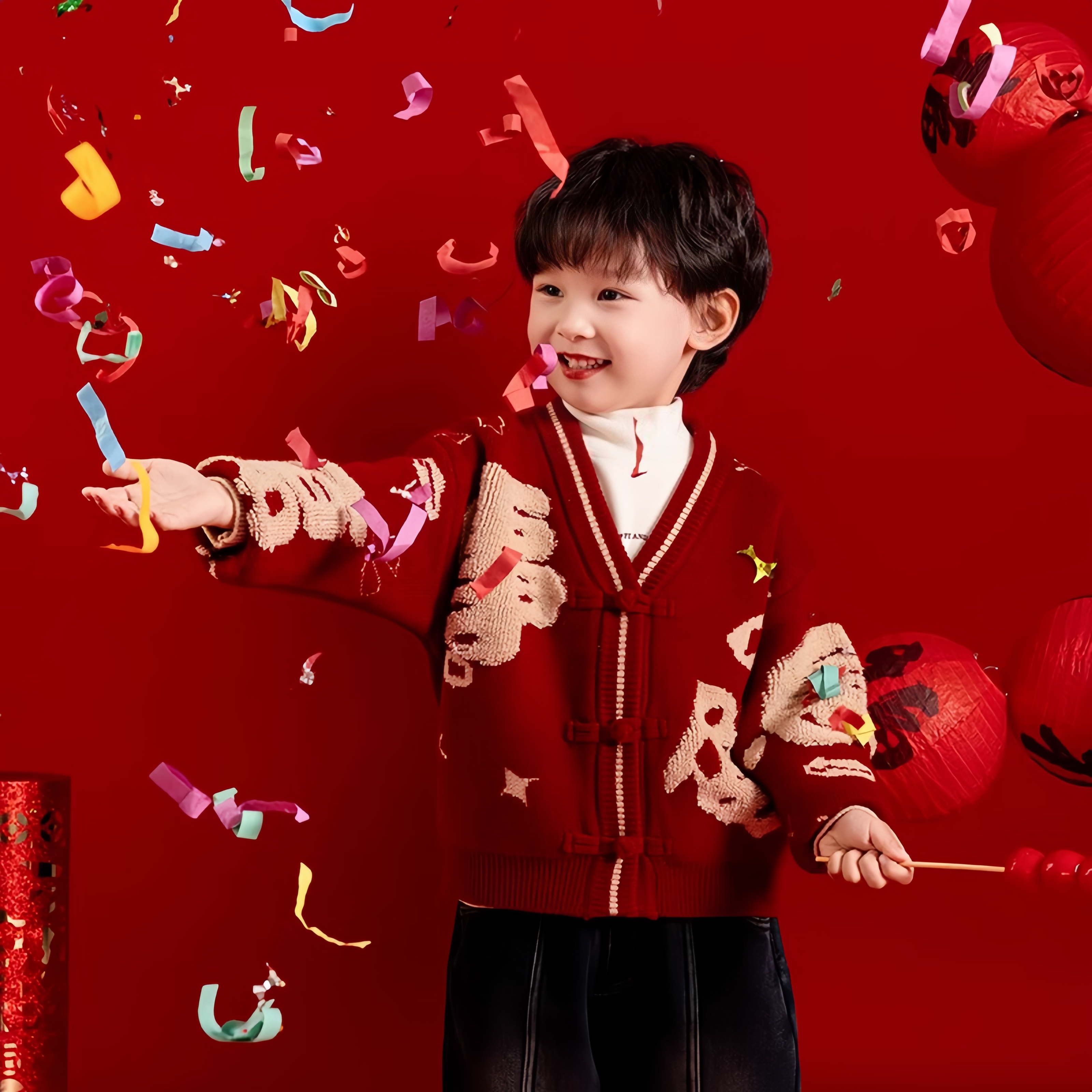 儿童针织衫秋冬装新年衣服男孩洋气毛衣开衫冬季加厚男童红色上衣