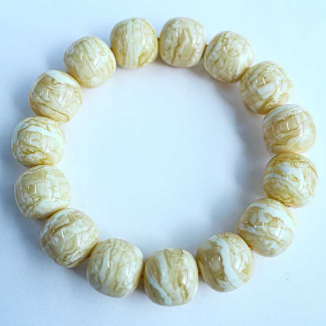 同料15mm俄料瓷白花蜡虎皮纹老型手串，蜡质浓郁30.59克