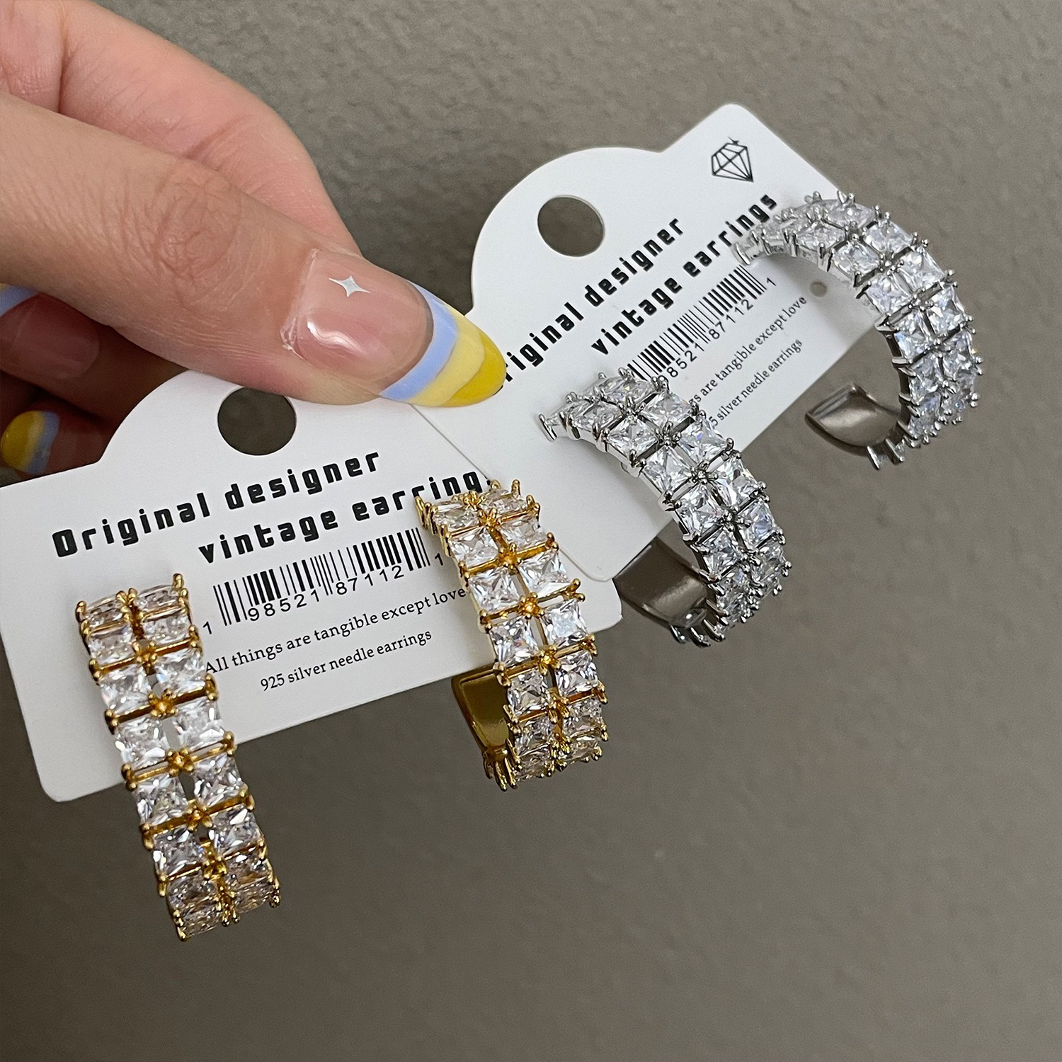 合金仿水晶耳饰 925银针轻奢3㎝满钻耳圈c圈