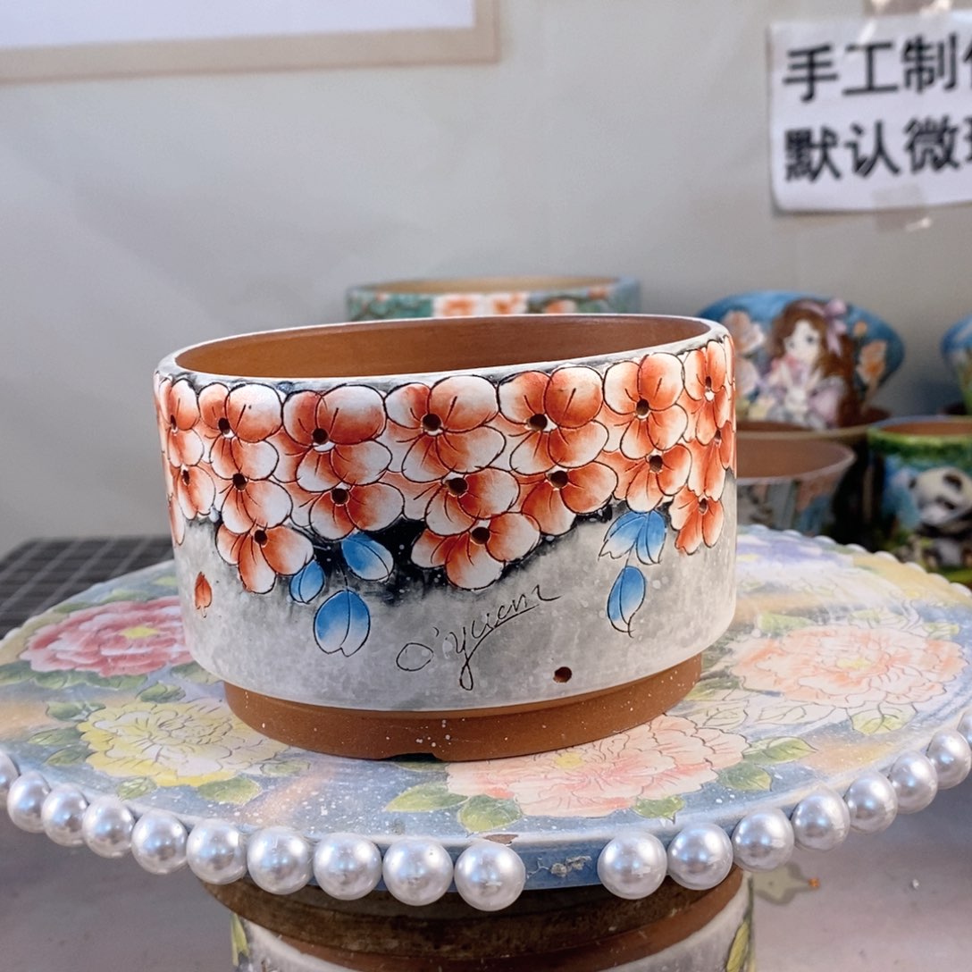 紫砂花盆红陶手绘花盆