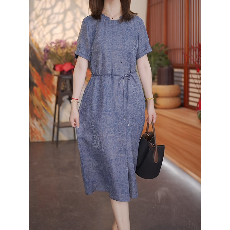 【湛蓝如洗】25新款真丝桑蚕丝连衣裙夏季显瘦收腰宽松裙12544