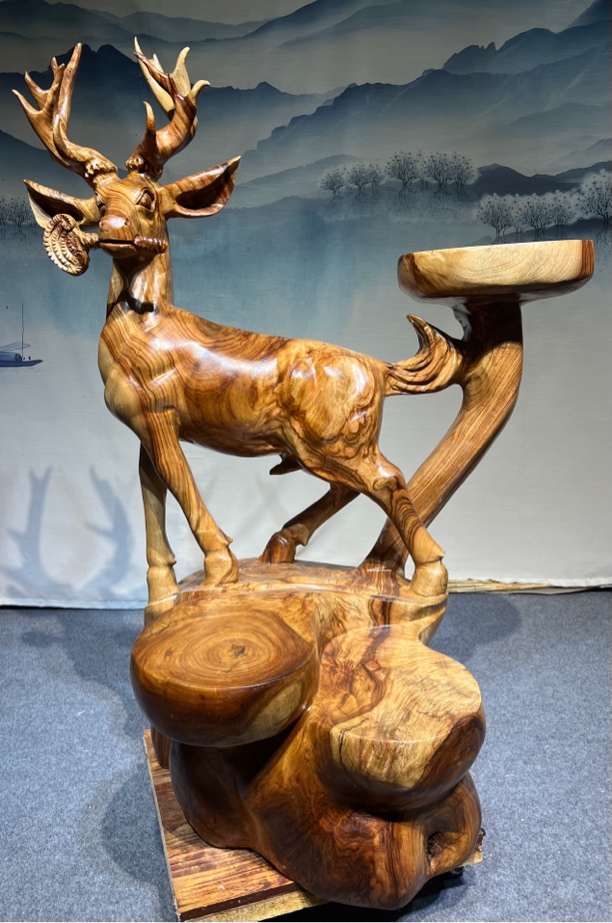 香樟木整木整雕，鹿鹿通，发财鹿，花架