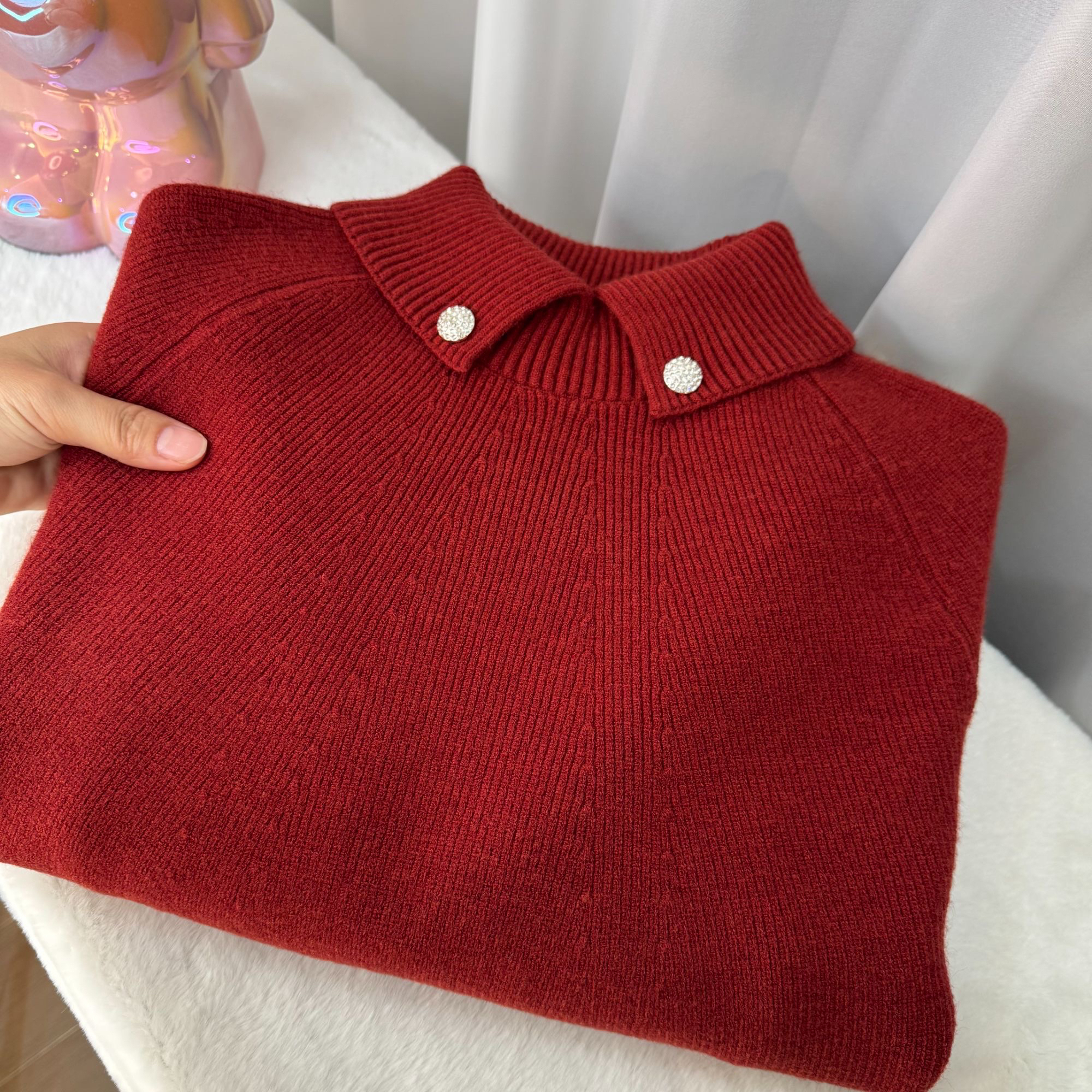【新年红】加厚安迪绒翻领毛衣洋气纽扣长袖女秋冬百搭打底外穿868