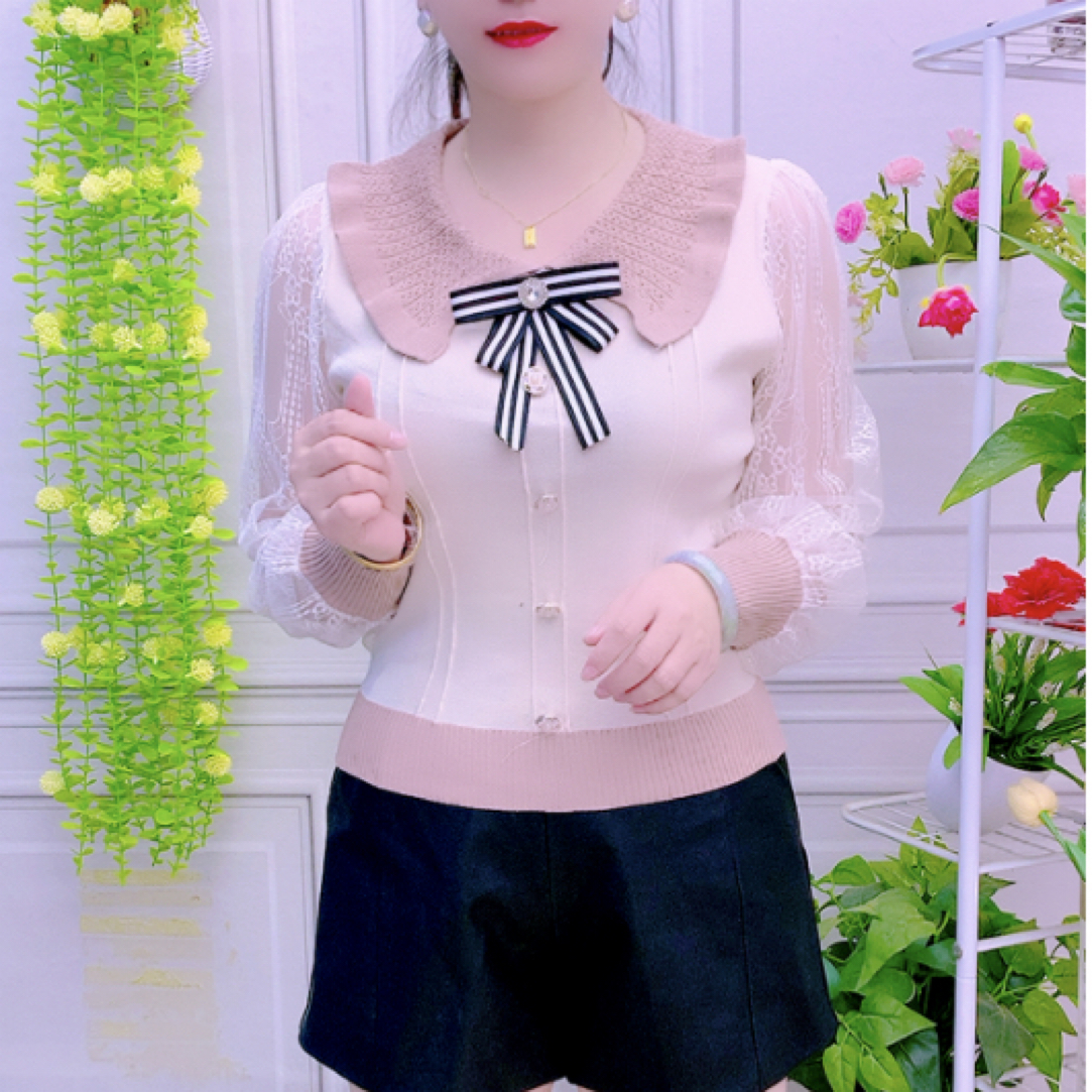 娃娃领针织衫上衣女2025新款夏季女装薄款时尚洋气镂空长袖打底衫