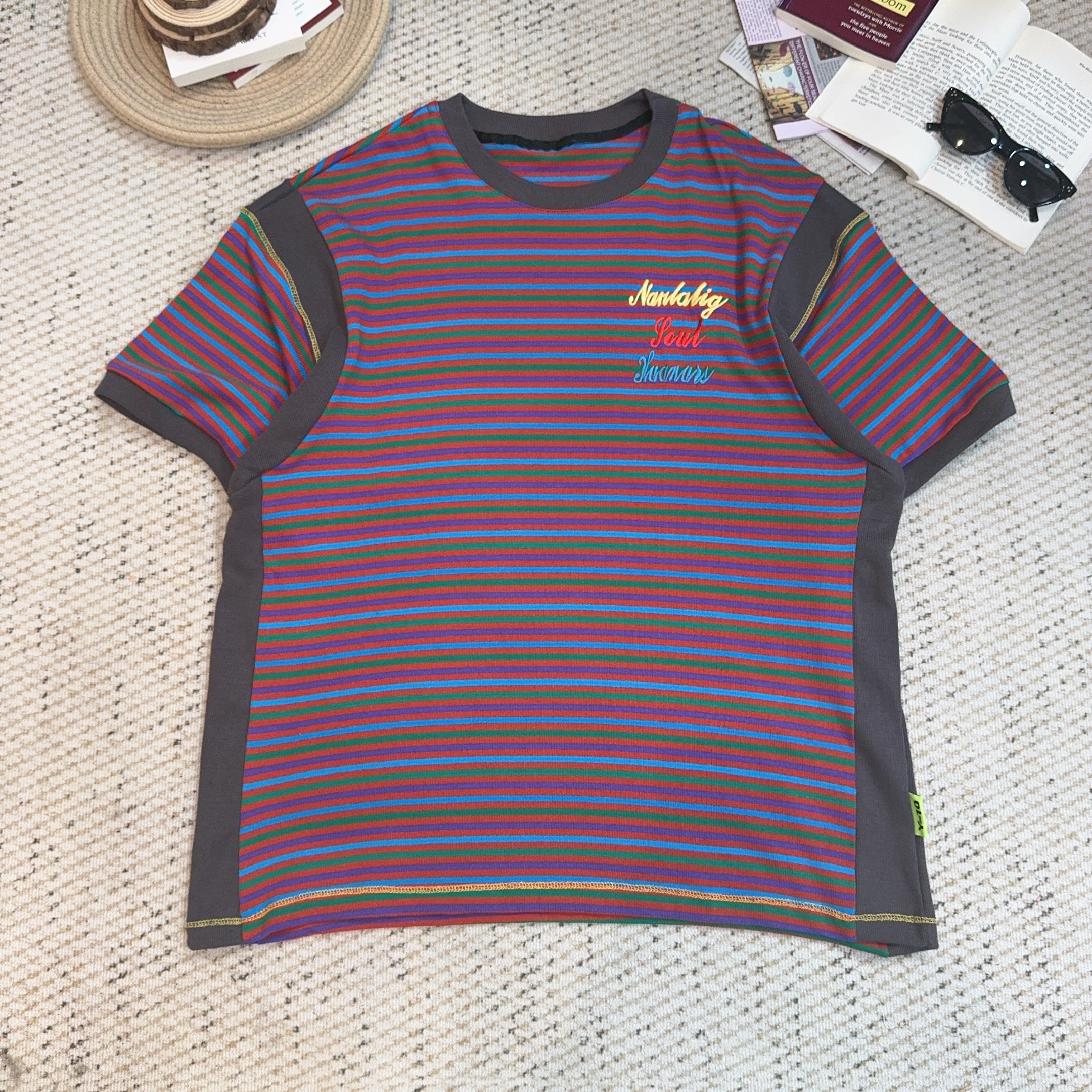 2025夏季新款宽松百搭字母印花条纹短袖T恤3939