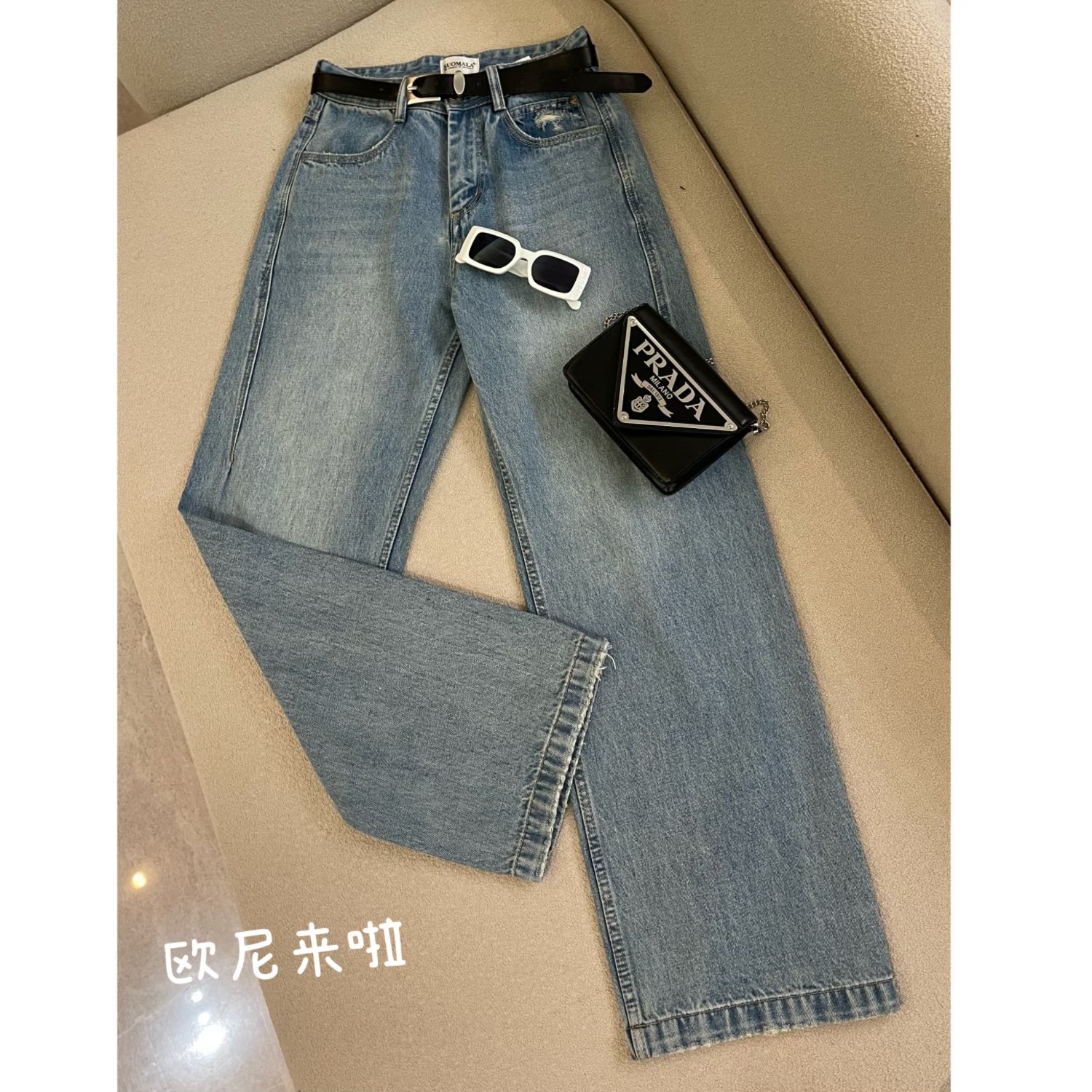  欧尼家【抹茶牛仔裤】有腰带休闲简约直筒水洗蓝牛仔裤NZK5574N