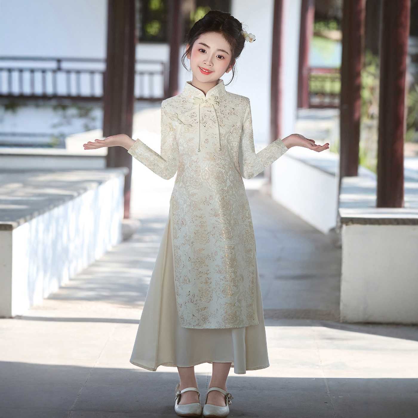 女童旗袍汉服儿童国风新中式唐装连衣裙中大童古筝演出服春秋长袖