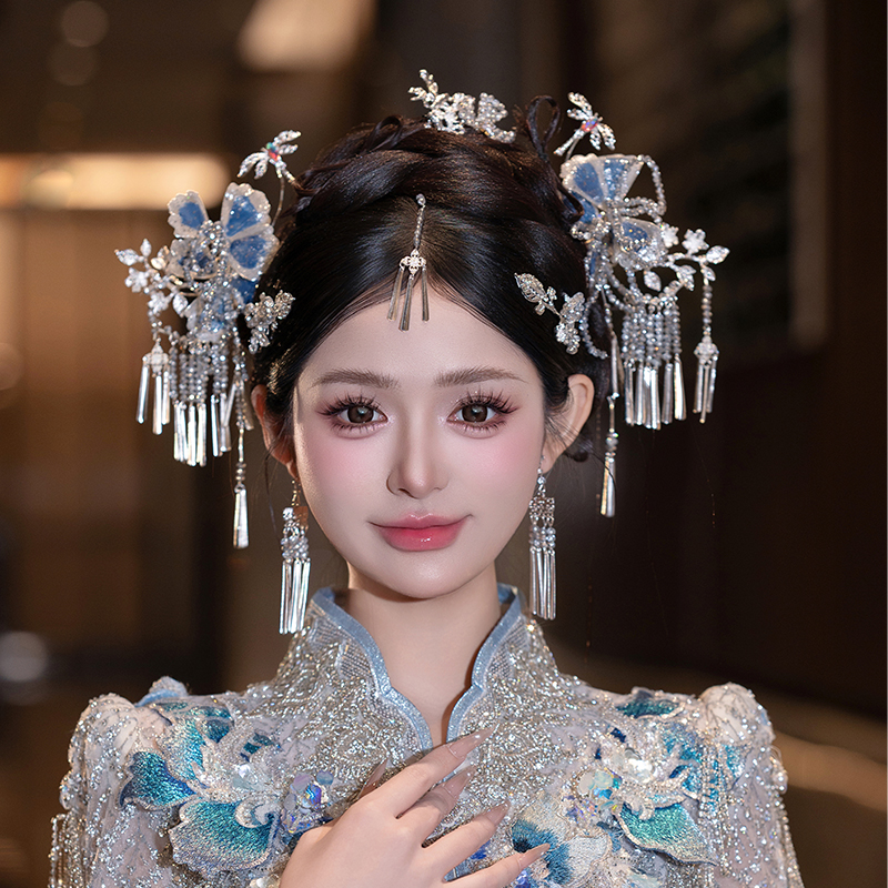 秀禾头饰蓝色新娘结婚高端浅色减龄高级大气眉心坠秀禾服婚礼发饰