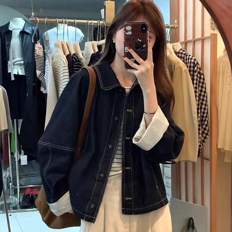 设计感条纹拼接水洗蓝牛仔外套女2025春秋新款宽松小个子夹克上衣