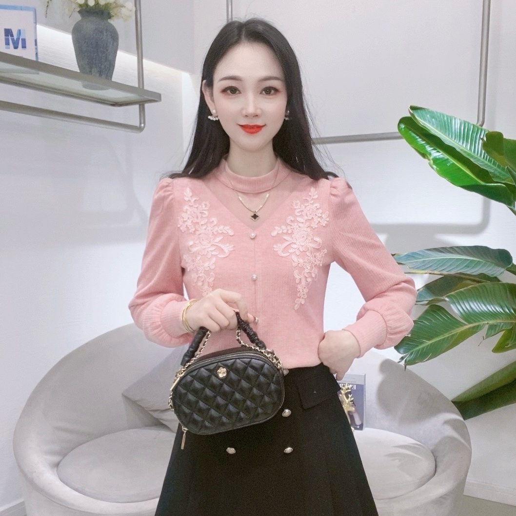 A7897法式长袖打底衫女冬季新款加绒洋气显瘦加绒上衣